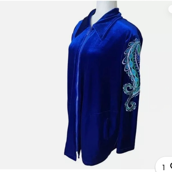 BOB MACKIE Vtg Royal Blue Velvet Peacock Whimsigoth Fairycore Zip Jacket Sz L - Picture 4 of 10